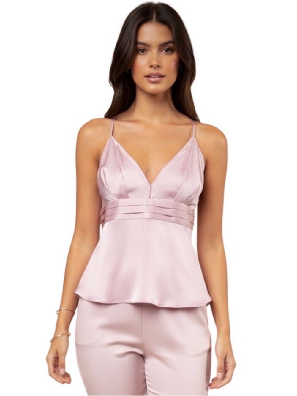 Pink Satin V-Neck Peplum Camisole Tank Top Blouse S Cocktail Spring Summer